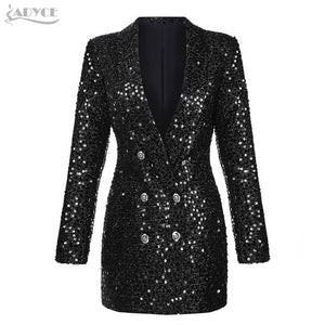 Adyce 2019 New Autumn Women Slim Trench Coats Black Deep V-Neck Double Breasted Coats Long Sleeve Sequines Fashion Club Coats