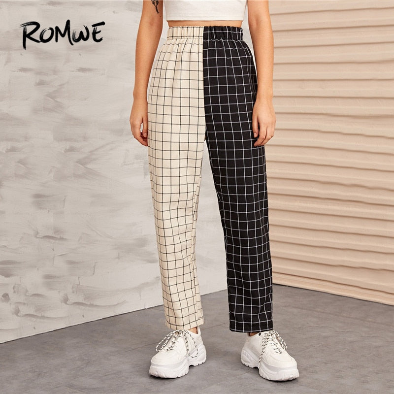 ROMWE Two Tone Plaid Elastic Waist High Waist Pants Women Autumn Streetwear Sweat Pants  Highstreet Loose Pants 2019 Clothes