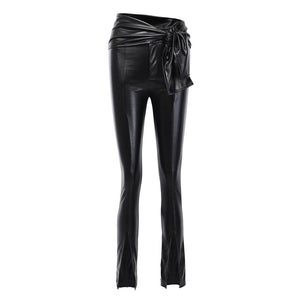 InstaHot Highstreet Black Frill Belted Waist PU Leather Pencil Full Length Hem Slit Trousers Women Autumn Night Out Slim Pants