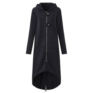 2019 Winter Trench Coat For Women Hooded Zipper Button Black Long Coat