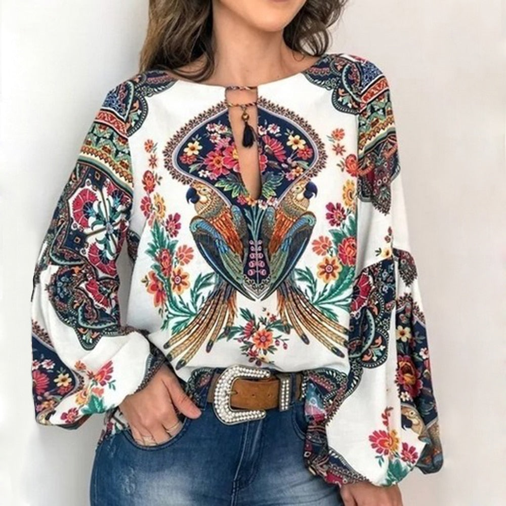 MoneRiff 2019 Casual Vintage Shirt Blouse Women Printed Lantern Sleeve Plus Size Womens Tops Loose V Neck Blusas Mujer De Moda