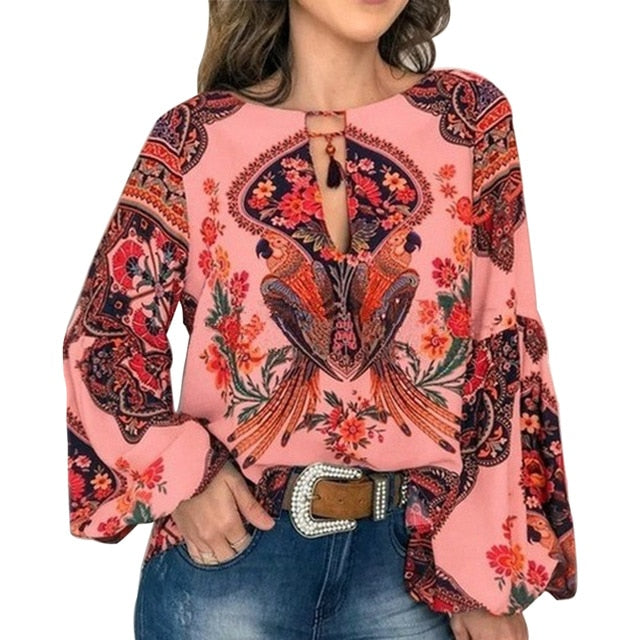 MoneRiff 2019 Casual Vintage Shirt Blouse Women Printed Lantern Sleeve Plus Size Womens Tops Loose V Neck Blusas Mujer De Moda
