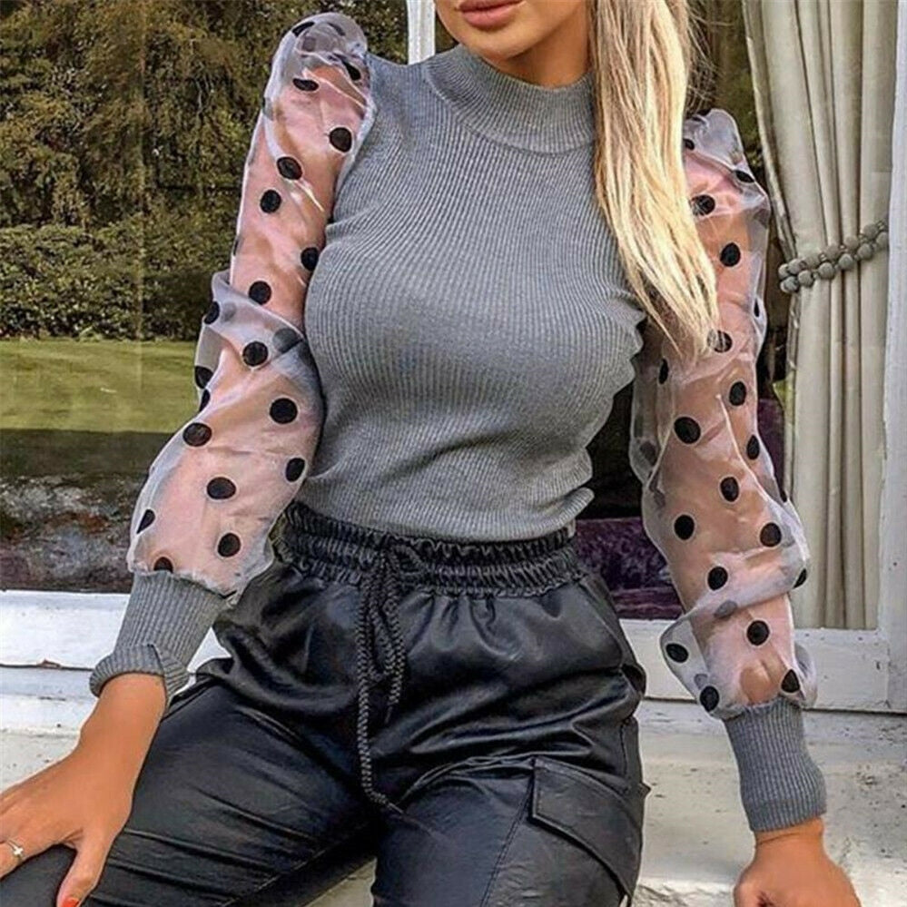 Women Autumn Mesh Puff Long Sleeve Ribbed Knitted Shirt Loose Casual Polka Dots Blouse Tops Elegant Turtleneck Party Clubwear
