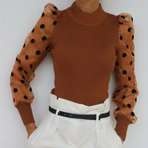 Women Autumn Mesh Puff Long Sleeve Ribbed Knitted Shirt Loose Casual Polka Dots Blouse Tops Elegant Turtleneck Party Clubwear