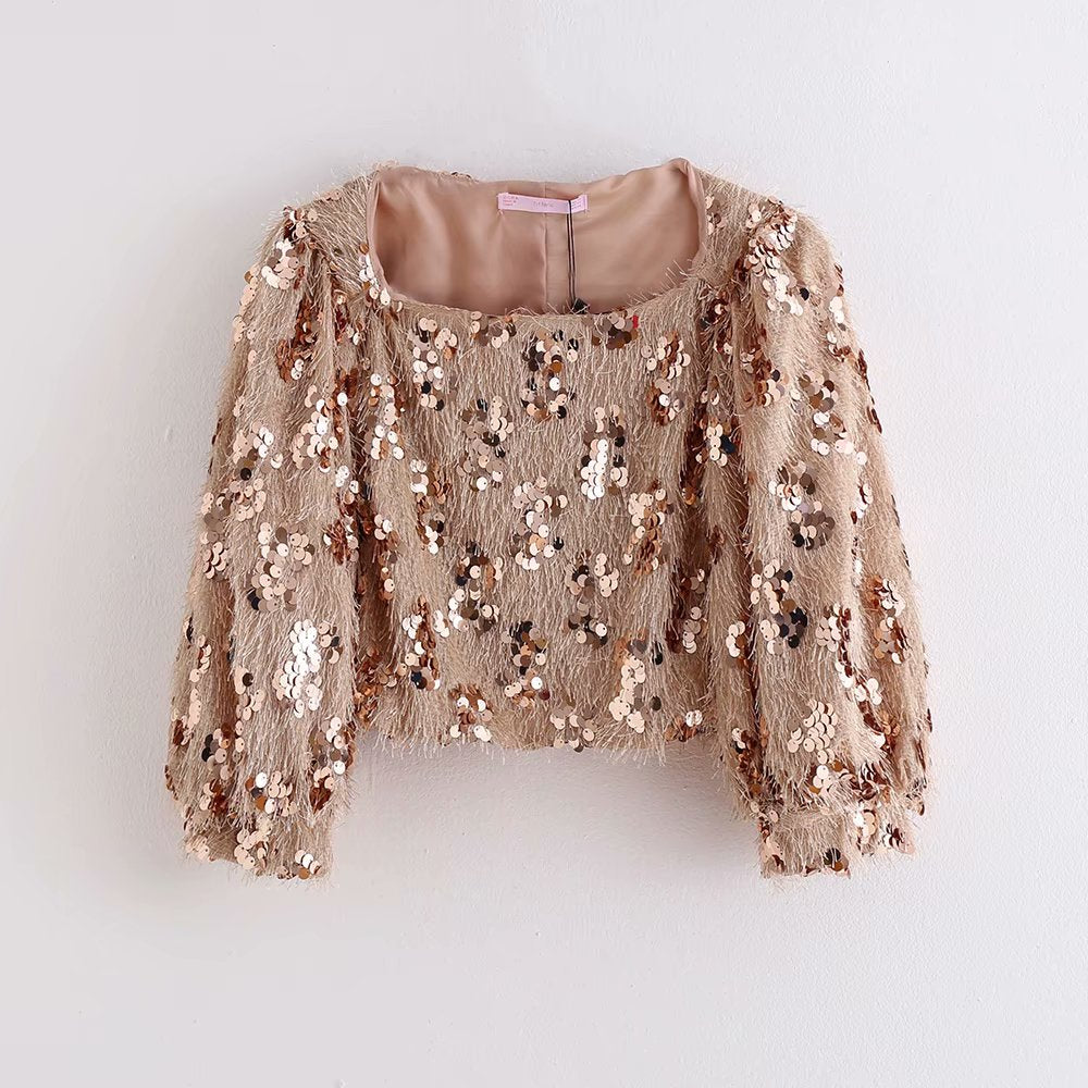 women high street sequins embroidery casual short blouses ladies patchwork chic lantern sleeve shirt tassel blusas tops LS4241