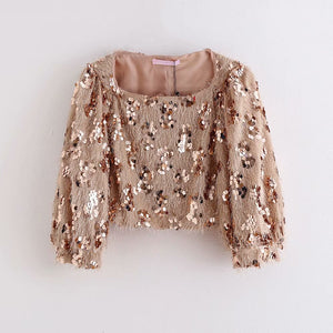 women high street sequins embroidery casual short blouses ladies patchwork chic lantern sleeve shirt tassel blusas tops LS4241