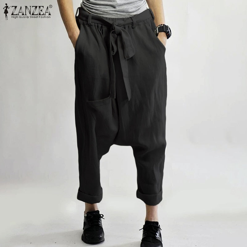 ZANZEA 2019 New Women Cotton Linen Pants Casual Solid Long Trousers Drop-crotch Wide Leg Pants Pockets Belted Bottoms Streetwear