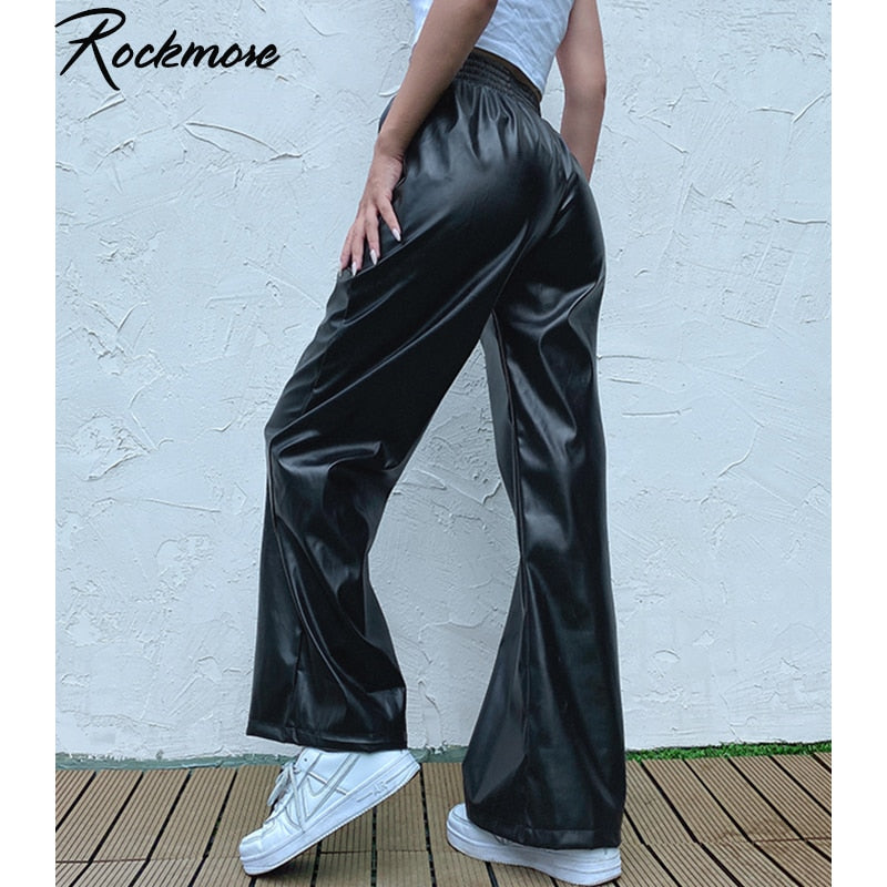 Rockmore PU Leather Cargo Straight Pants Women Streetwear Joggers Punk Gothic High Waisted Trousers Oversized Sweatpants Women