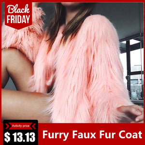 Fashion Furry Faux Fur Coat Women Fluffy Warm Long Sleeve Female Outerwear Autumn Winter Coat Jacket Hairy Collarless Overcoat
