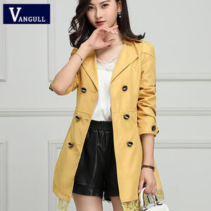 VANGULL 2019 Autumn New Korean Women Lace Long Trench Female slim Long sleeve Temperament Double Breasted Solid Coat Windbreaker