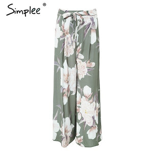 Simplee Sash floral print wide leg pants women Elastic loose boho casual pants trousers Beach summer high waist pants female