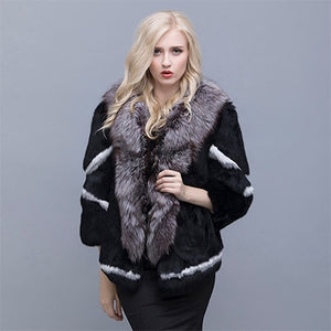 Real natural women's rabbit fur coat fox fur collar large size rabbit skin women winter coat black woman's casual autumn coat
