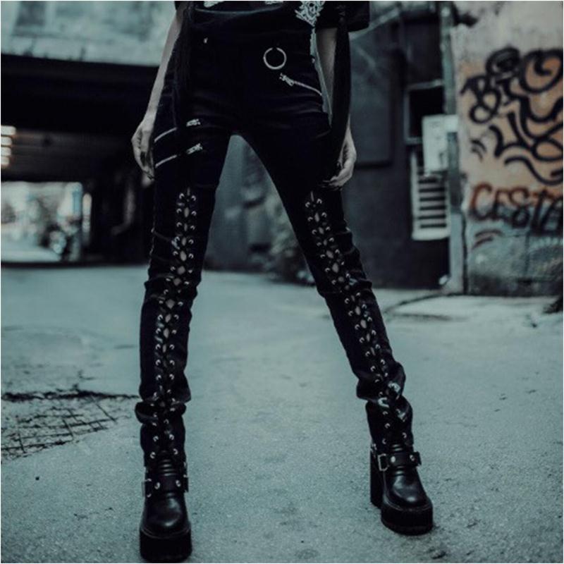 InstaHot Gothic Punk Lace Up Pencil Pants Autumn Women Fake Zippers Pocket Elastic Tie Up Pant Skinny Long Trousers Vintage 2018