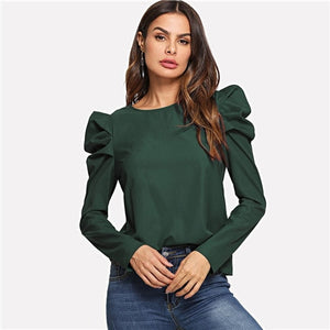 Sheinside Green Blouse Keyhole Back Leg-of-mutton Sleeve Women Tops Elegant Ladies Long Sleeve Shirt Autumn Blouses & Shirts