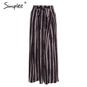Simplee Split striped lady wide leg pants women Summer beach high waist trousers Chic streetwear sash casual pants capris female