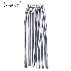 Simplee Split striped lady wide leg pants women Summer beach high waist trousers Chic streetwear sash casual pants capris female