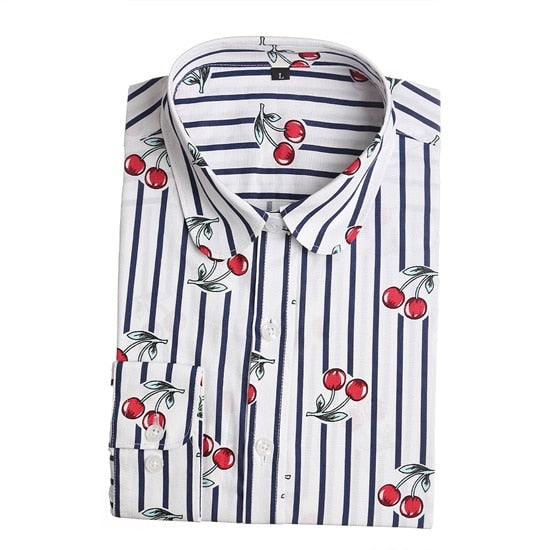 Dioufond Women Cherry Blouses Long Sleeve Shirt Turn Down Collar Floral Blouse Plus Size 5XL Women Vintage Cotton Shirt
