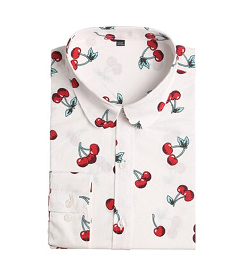 Dioufond Women Cherry Blouses Long Sleeve Shirt Turn Down Collar Floral Blouse Plus Size 5XL Women Vintage Cotton Shirt