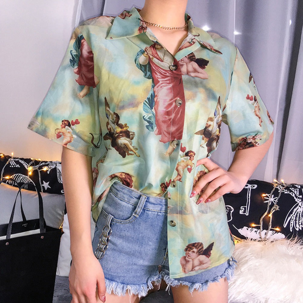 Vintage Aesthetic Cupid Angel Print Women' Blouse Shirt Cardigan Short Sleeve Summer Top Graphic Blouse Women Clothes 2019 New